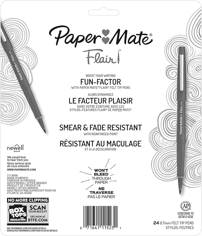 Paper Mate Flair Felt Tip Pens Medium Point | Smear Resistant | Water-Based Ink | Assorted Colors | 24 Count, Pack of 12