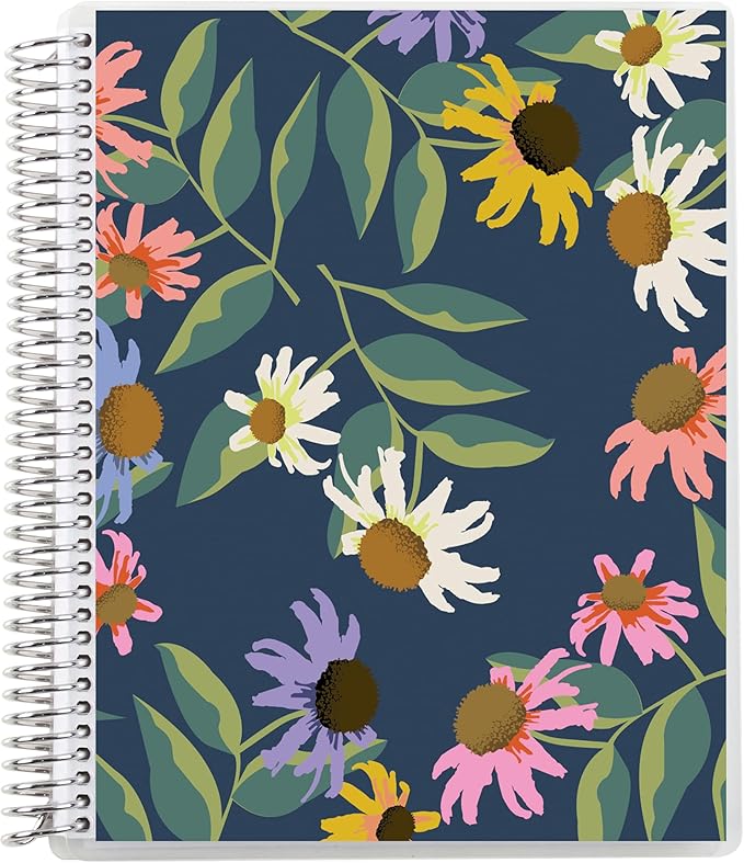 Erin Condren 7” x 9” Dot Grid Spiral Notebook, 5mm Dotted Layout with 80 Lb. Paper, Daisy Blooms Cover, 160 Dot Grid Notebook Pages, Platinum Coil, Stickers Included