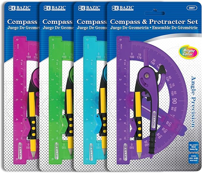 BAZIC PRODUCTS Geometry Set with Pencil Compass – Scale Ruler, HB Wood Pencil, Compass and Protractor Set for Students and Professionals, Ideal Use for Art and Drafting Tools, 144-Packs