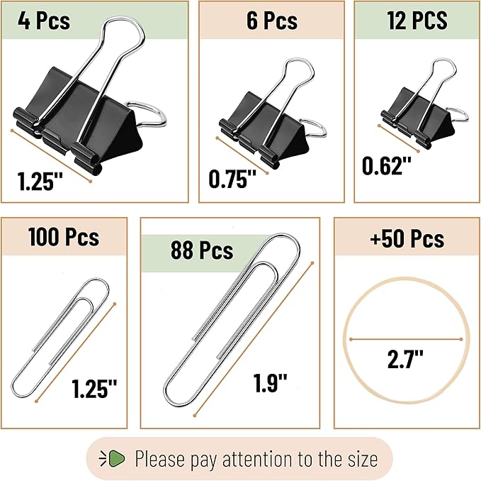 Mr. Pen- Assorted Clips & Bands: Binder, Paper (Small, Medium, Large) & Foldback Clips; Rubber Bands