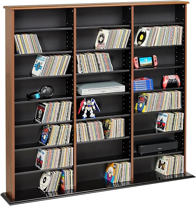 Prepac 3 Column Tall Storage Cabinet, Cherry & Black Storage Cabinet with 21 Adjustable Shelves Display DVD Perfect for Living Room, 8.75" D x 56" W x 51" H