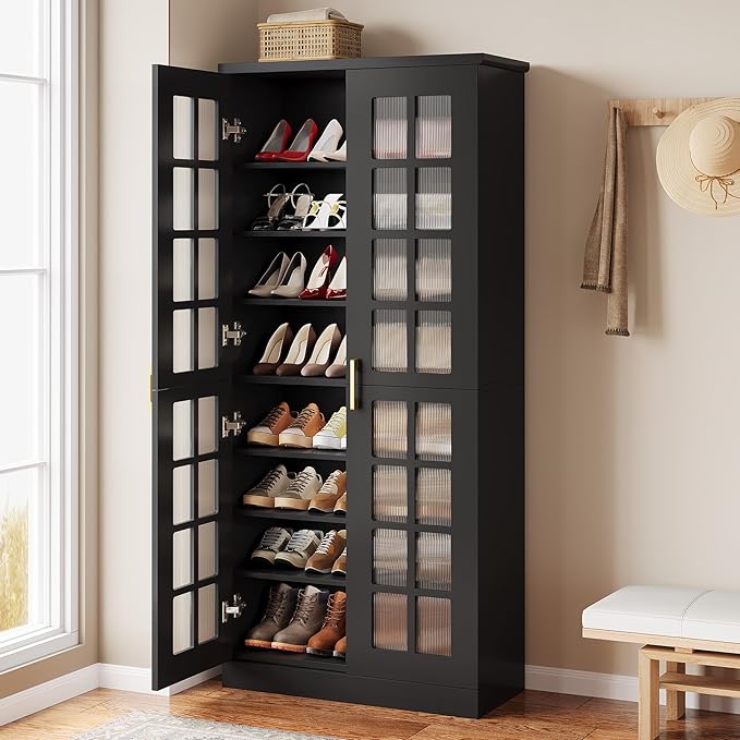 Tribesigns Tall Shoe Cabinet with Doors, 8-Tier Shoe Storage with Adjustable Shelves, Modern Shoe Organizer Shoe Rack Cabinet for Entryway, Hallway, Closet, Living Room, Black