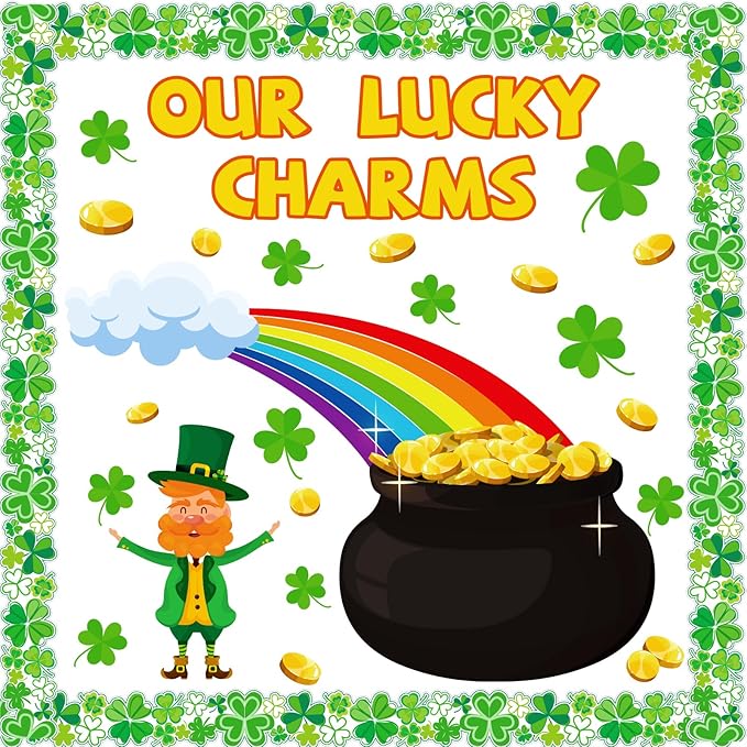 St. Patrick’s Day Bulletin Board Set, St. Patrick’s Shamrocks Cutouts Border Clover Leprechaun Rainbow Pot of Gold Classroom Decorations for School Chalkboard Wall Window Party Decor Supplies