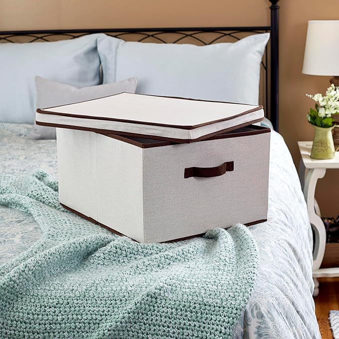 Household Essentials 515 Storage Box with Lid and Handle- Natural Beige Canvas with Brown Trim- Jumbo