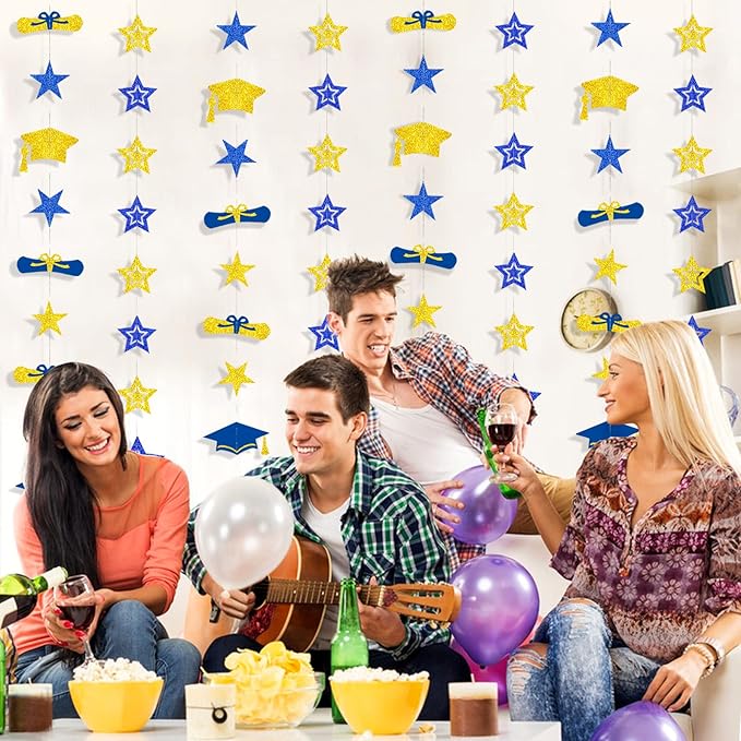 8-Pack 2026 Graduation Party Decorations - Blue Gold Glitter Backdrop with Cap, Diploma & Star Garland Banner Hanging Decor - Perfect for High School, College, and Middle School Graduation Parties