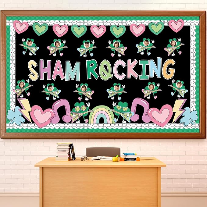 St. Patrick's Day Classroom Bulletin Board Decoration Sham Rocking Photo DIY Bulletin Board Set Lucky Shamrock Music Note Heart Cutouts for Irish Holiday Welcome School Home Wall Door Party Decor