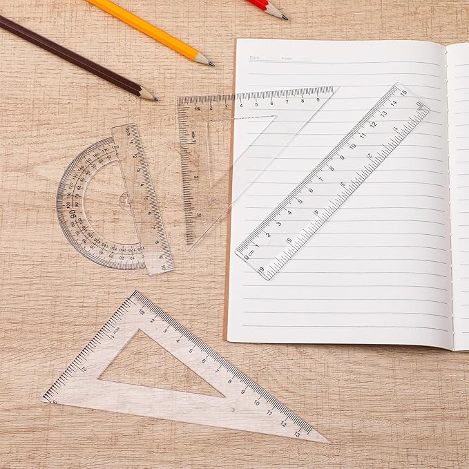 4 PCS Plastic Ruler Math Geometry Set, Transparent Measuring Tool Kit Includes Protractor Straight Ruler Triangle Rulers for School Office Home Teachers Students Supplies