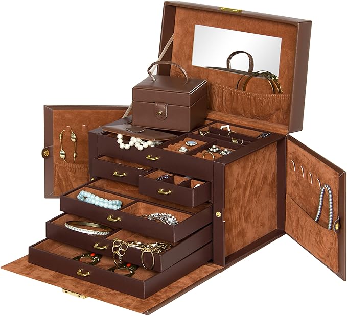 Best Choice Products Leather Collectors Organizer Storage Case for Jewelry Trinkets w/Mini Travel Case, Shelves, Hooks, Drawers, Pockets, Brown