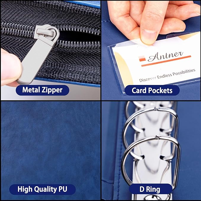 Antner Zippered 7 Ring Business Check Binder Portfolio for 3-Up Business Size Checks, PU Leather 7 Ring Checkbook Binder 600 Checks Capacity for 9" x 13" Sheets, Built-in Storage Organizer, Navy Blue