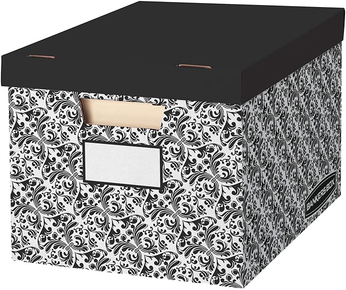 Bankers Box 10 Pack STOR/FILE Decorative Medium-Duty File Storage Boxes, FastFold, Lift-Off Lid, Letter/Legal, Black/White Brocade