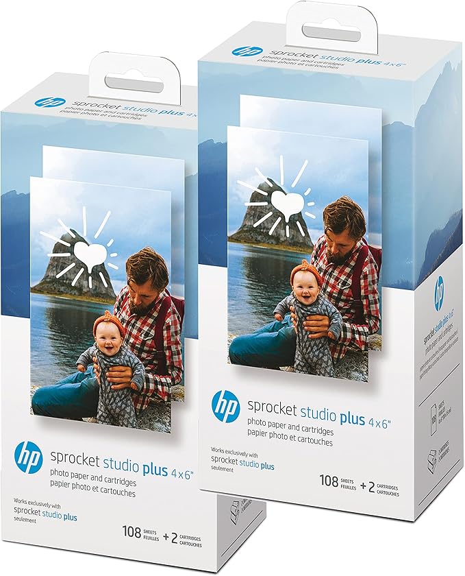 HP Sprocket Studio Plus 4x6 WiFi Printer Print from Your iOS & Android Device - Starter Bundle: Includes 108 Sheets and 2 Cartridges, Sticker Frames, Photo Album