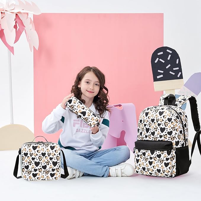 Girls Backpack for School Backpack for Girls 8-10 Kids Backpacks with Lunch Box Leopard Print Schoolbag for Kids
