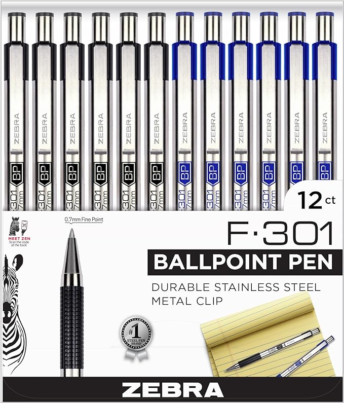 Zebra Pen F-301 Ballpoint Fine Point 0.7mm, Stainless Steel Retractable, 6 Black & 6 Blue - 12 Pack