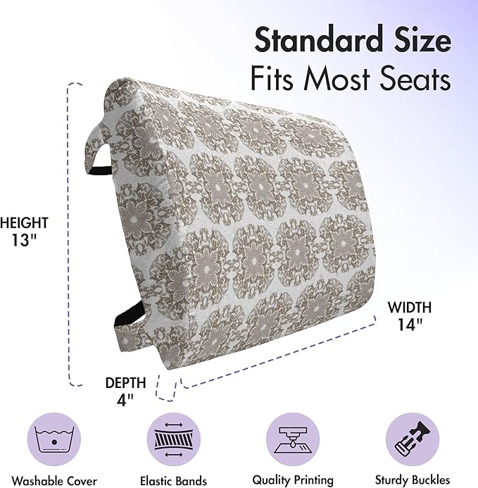 Ambesonne Taupe Lumbar Back Support Pillow, Vintage Round Baroque Style Ornament Pattern in Damask Inspired Design Botany Garden, High Density Foam for Office Chairs Car Seats, 14" x 13", Taupe White