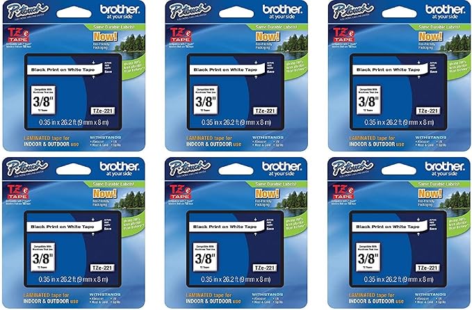 Brother Genuine P-Touch 6-Pack TZe-221 Laminated Tape, Black Print on White Standard Adhesive Laminated Tape for P-Touch Label Makers, Each Roll is 0.35"/9mm (Approx 3/8") Wide, 26.2 (8M) Long