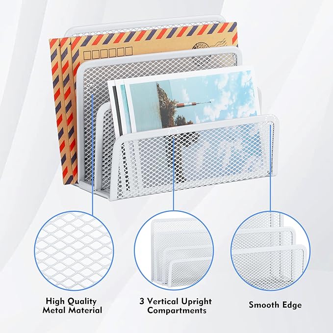 EASEPRES Desk Mail Organizer, Office Small Desktop Metal Mesh Envelope Letter Sorter Paper File Holder Organizer with 3 Vertical Upright Compartments, White 1 Pack