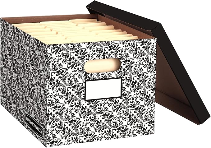 Bankers Box 10 Pack STOR/FILE Decorative Medium-Duty File Storage Boxes, FastFold, Lift-Off Lid, Letter/Legal, Black/White Brocade