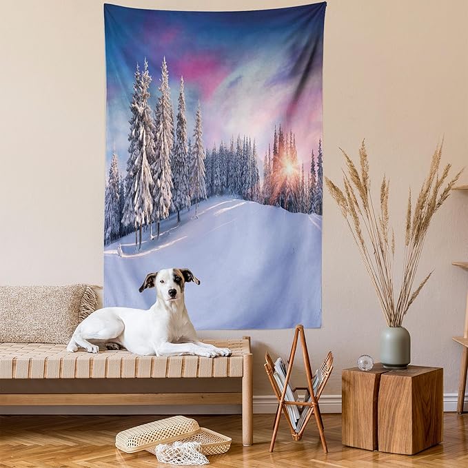 Ambesonne Winter Tapestry Twin Size, Idyllic Panorama of Winter Sunrise in Snow Covered Mountains Serenity Freshness, Wall Hanging Bedspread Bed Cover Wall Decor, 68" X 88", Pastel Lavender