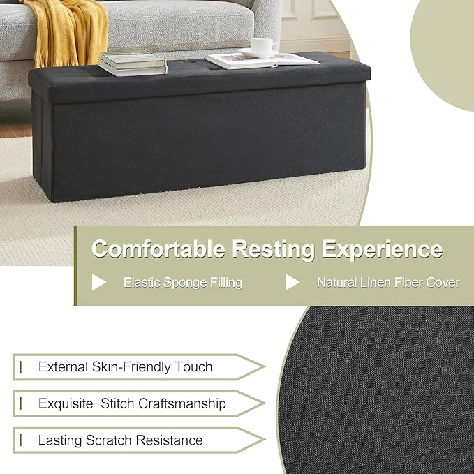 VECELO 43'' Folding Storage Ottoman Bench, Storage Chest, Linen Fabric Foot Rest Stool, 158L Storage Footstools for Bedroom and Living Room, Holds up to 660 lbs, JBlack