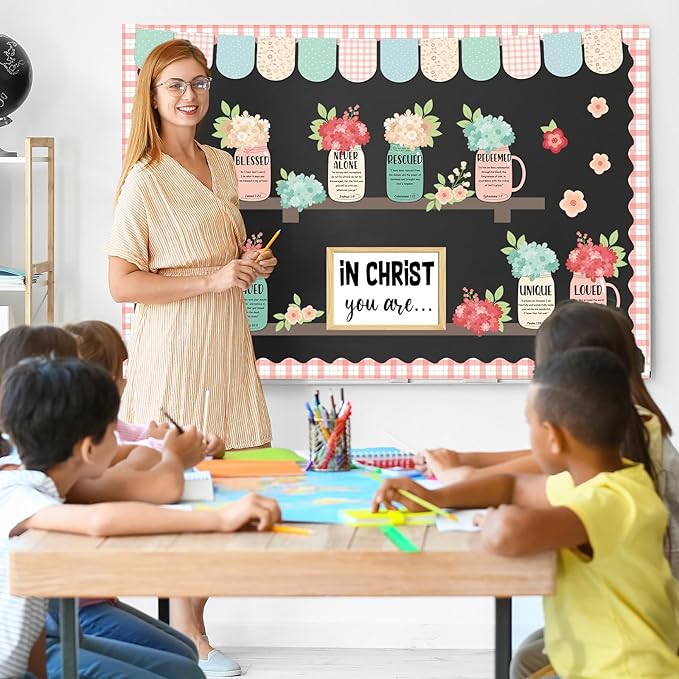Spring Christian Religious Bulletin Board Set Christian Floral Classroom Decorations Colored Flowers and Vases Bookshelf Paper Cutouts for Sunday School Church Office Home Chalkboard Wall Door Decor