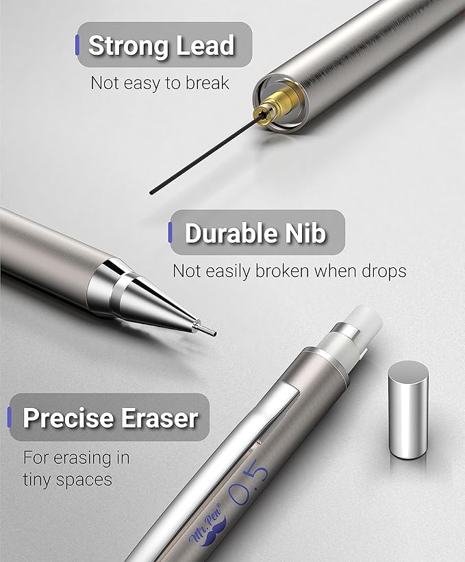 Mr. Pen- Mechanical Pencils 0.5mm, Pack of 2, Metal Mechanical Pencil with Lead and Eraser, Drafting Pencil, Drawing Pencil, 0.5 Mechanical Pencils