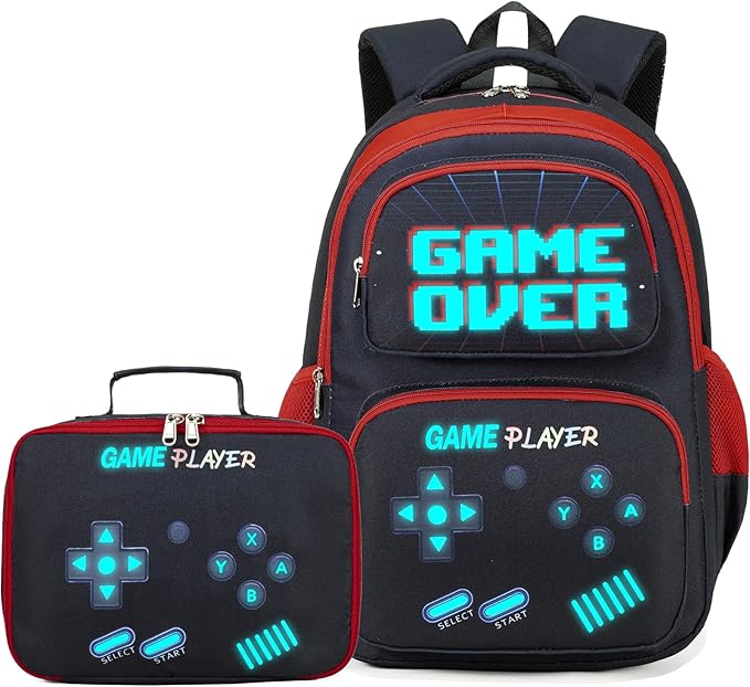 Boys Backpack with Lunch Box Glow in Dark Gamer Bookbag Kids Ages 4-12 Kindergarten Elementary Middle School Gaming Backpack, Luminous Gaming Black