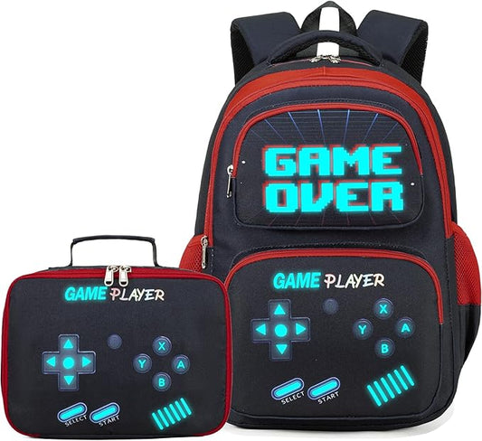 Boys Backpack with Lunch Box Glow in Dark Gamer Bookbag Kids Ages 4-12 Kindergarten Elementary Middle School Gaming Backpack, Luminous Gaming Black