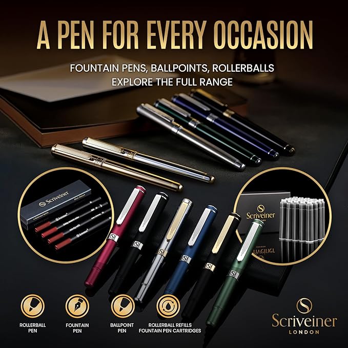 Scriveiner Luxury Fountain Pen - Stunning Luxury Pen, Real Gold Finish, Schmidt Gilded Nib (Fine), Converter, Best Pen Gift Set for Men & Women, Professional, Executive, Office, Nice Pens