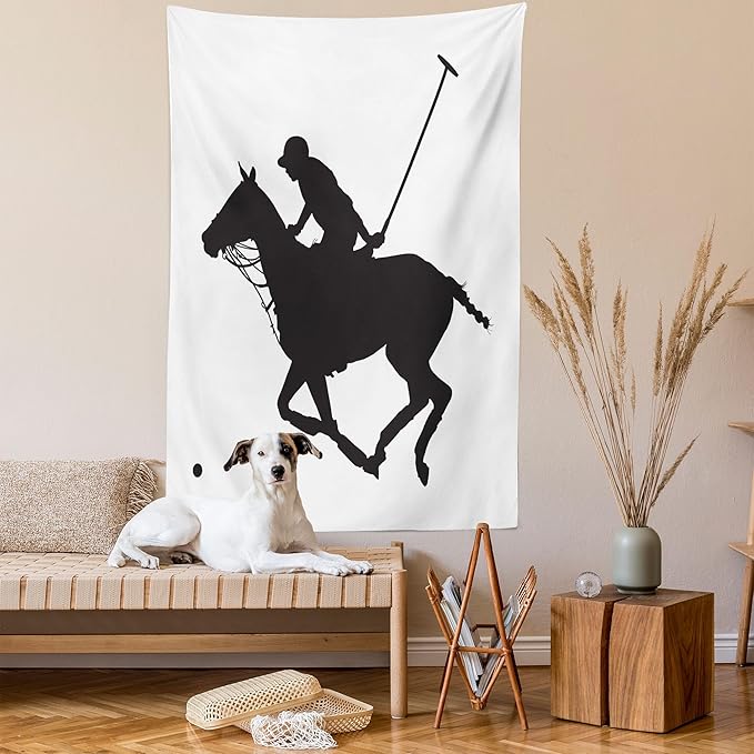 Ambesonne Sports Tapestry Queen Size, Silhouette Illustration of Polo Player on a Horse Hitting a Ball Print, Wall Hanging Bedspread Bed Cover Wall Decor, Queen Size, Charcoal Grey