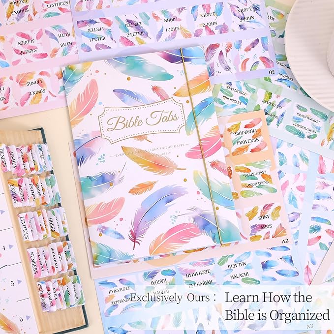 Bible Tabs For Women, 66 Large Print Laminated Bibles Chapters Index Tabs and 39 Blank Dividers Sticky Labels, Cute Beauty Feather Bible Study Supplies, Journaling Accessories, Christian Gifts for Men