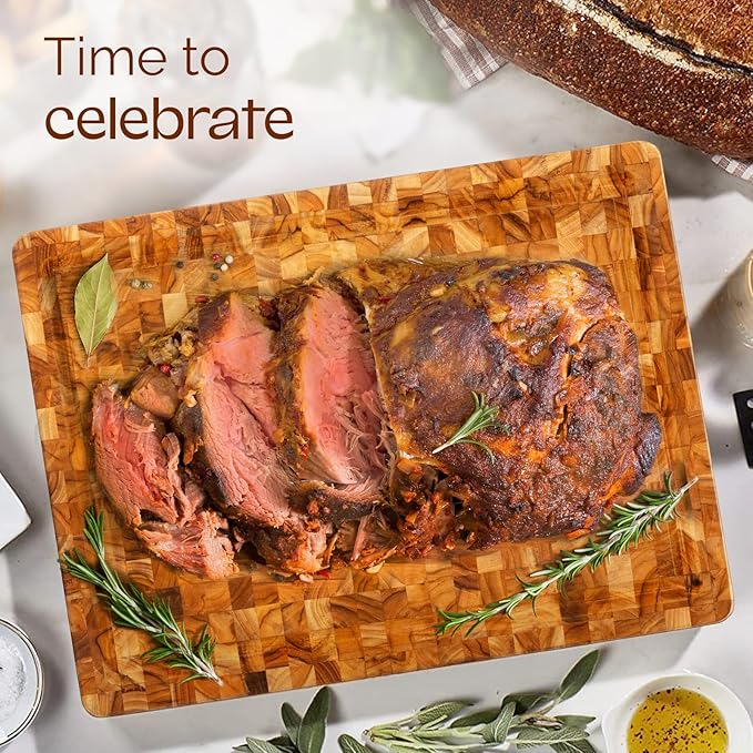 Yes4All Medium End Grain Teak Cutting Board for Kitchen, 17''L x 13''W x 1.5” Thick, Durable Wood with Juice Grooves, Pre-Oiled, Easy Grip Handles, Essential Kitchen Utensils Set