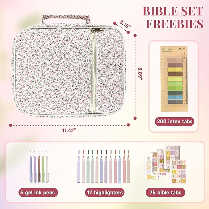 Bible Cover Case for Women,Bible Study Supplies Accessories,Bible Journaling Kit,Pink Flower Carrying Case with Highlighters