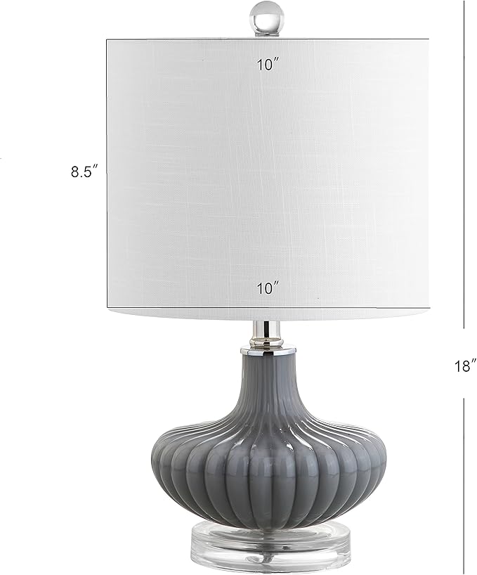 JONATHAN Y 18" Gray Fluted Glass and Lucite Table Lamp, Contemporary Teardrop Bedside Lamp with White Linen Drum Shade for Nightstand, Console Table, LED Bulb Included JYL1032A
