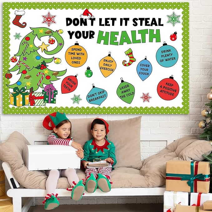 Christmas Bulletin Board Decorations Christmas Accents Healthy Habits Cutouts Red Green Xmas Elf Tree Paper Classroom Decors for Winter Holiday School Classroom Chalkboard Wall Decor Supplies