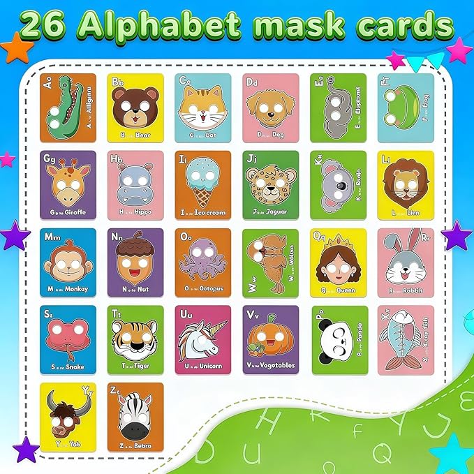 Alphabet ABC Flash Cards with Animal Masks, 26 Giant Animal mask Alphabet Cards, nteractive Education Games, Uppercase & Lowercase Learning Games，Colorful Mask Flashcards