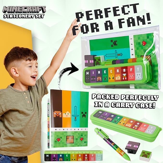 Minecraft Filled Pencil Case and Stationery Set for Kids, School Supplies - Gifts for Boys (Green/Multi)