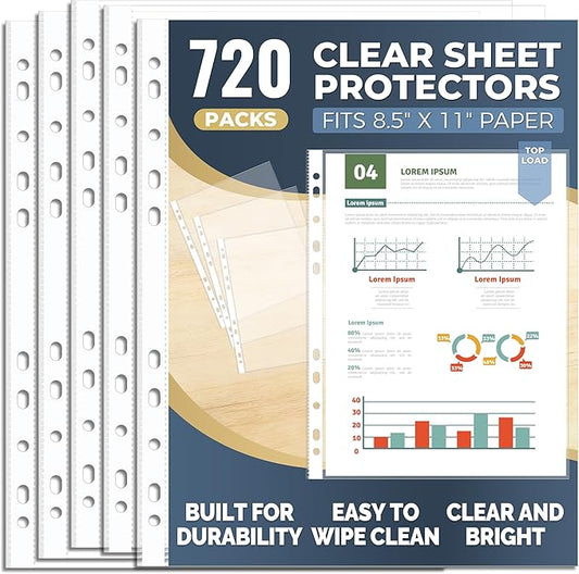 720 Pack Clear Sheet Protectors 8.5 x 11 Inch, Plastic Page Sleeves for 3 Ring Binder, Transparent Letter-Size Document Covers, Top Loading, for Paper Documents, Home, School and Office Use