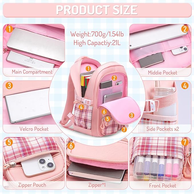 School Backpacks for Girl - 5PCS Cute Girls Backpack with Lunch Box Set for Kids Teens Elementary Middle School,18" Large Capacity Bookbag with Multiple Pockets,Perfect for Travel and School
