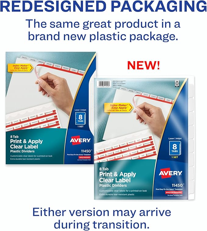 Avery 8 Tab Plastic Dividers for 3 Ring Binder, Easy Print & Apply Clear Label Strip, Index Maker Customizable Frosted White Tabs, 1 Set (11450)