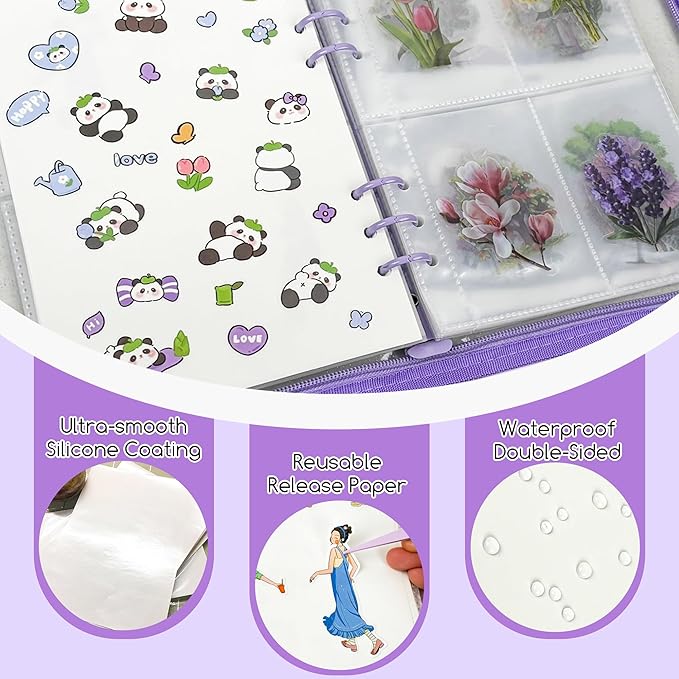 5-in-1 Sticker Organizer Book Reusable A5 Storage Binder with 220 Pockets,10 Release Papers, Zipper Album Sticker Collecting Display Keeper (Purple)
