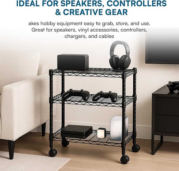 Honey-Can-Do 3-Tier Media Shelf Organizer with Adjustable Shelves, Black Steel Wire Shelving, Storage Rack with Smooth Rolling Locking Casters