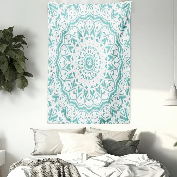 Ambesonne Aqua Tapestry, Mandala Tie Dye Effect Floral Leaves Seem Design Image Art Print, Wall Hanging for Bedroom Living Room Dorm Decor, 60" X 80", Sea Green White