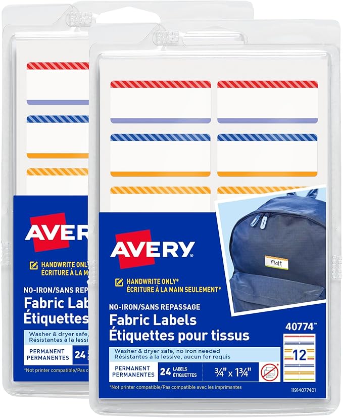 Avery No-Iron Fabric Name Labels, Playful Stripes Preprinted Designs, Handwrite-Only, 2-Pack, 48 Preprinted Labels (21959)