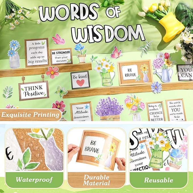 57 Pcs Spring Bulletin Board Set Inspirational Flower Bulletin Board Decoration Positive Cutout Classroom Decoration for School Office Home Teacher Classroom Wall Supplies