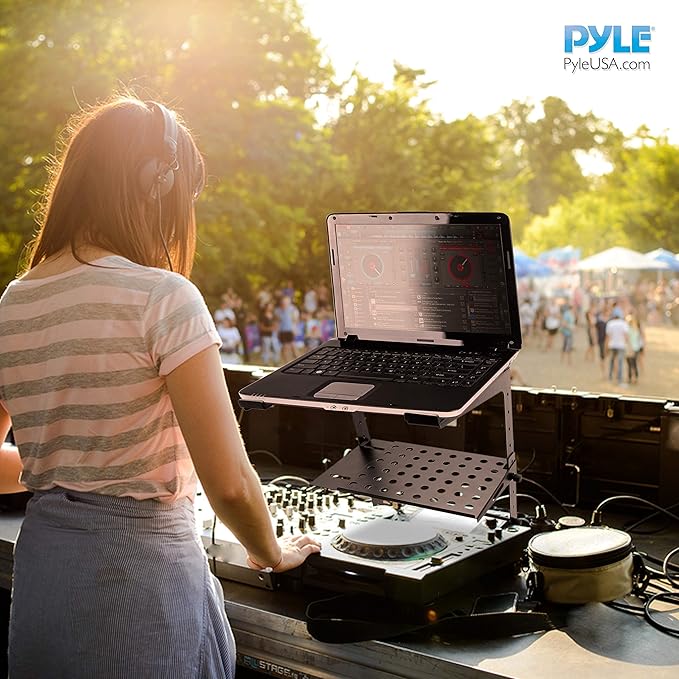Pyle Portable Adjustable Laptop Stand - 6.3 to 10.9 Inch Standing Table Monitor or Computer Desk Workstation Riser with Shelf Storage and Height Alignment for DJ, PC, Gaming, Home or Office - PLPTS26