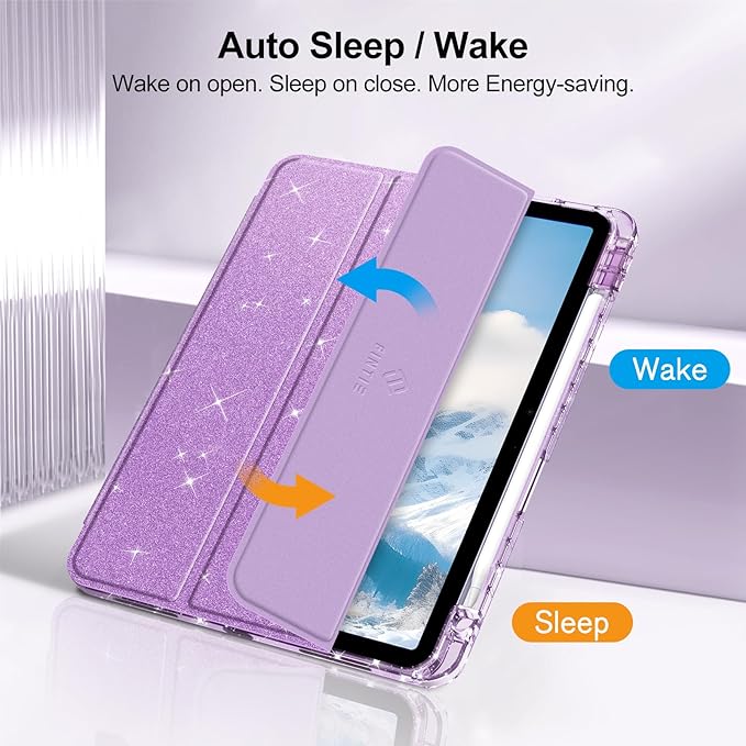 Fintie Slim Case with Pencil Holder for iPad Air 11-inch M4/M3/M2 (2026/2025/2024), iPad Air 5th (2022) / 4th Generation 10.9 Inch - Glittering Sparkly Cover with Shiny Clear Back Shell, Purple