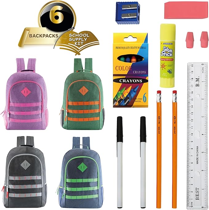 6-Pack 19” Sport Backpacks with 18 Piece School Supplies Kits - Pens, Pencils, Crayons - Bulk Bundle for Elementary, Middle, and High School Students, 6 Assorted Styles