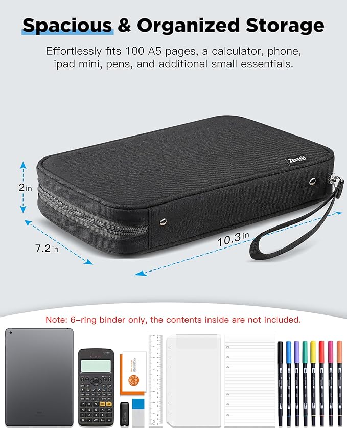 Zannaki A5 Zipper Binder, 6 Ring Personal Planner Journal Budget Binder Cover Case, Refillable Notebook Shell for Journal Diary File Album Photo Card Organizer Portable School Office Supplies, Black