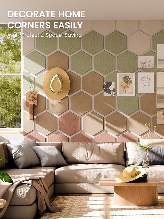 Fluxynara Hexagon Cork Board Alternative for Walls Decor-8-Pack Felt Bulletin Board Tiles,with 30 Pushpins,50 Adhesive Tabs for Office,Classrooms & Home Pin Board Felt Board-Boho