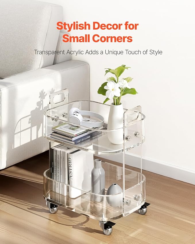 VEVOR Acrylic Bar Cart with 4 Lockable Wheels, Clear Mobile Utility Rolling Cart, Multifunction Serving Cart for Home Bar, Kitchen, Bathroom, Living Room, with Pulling Handle, 2-Tier, Modern